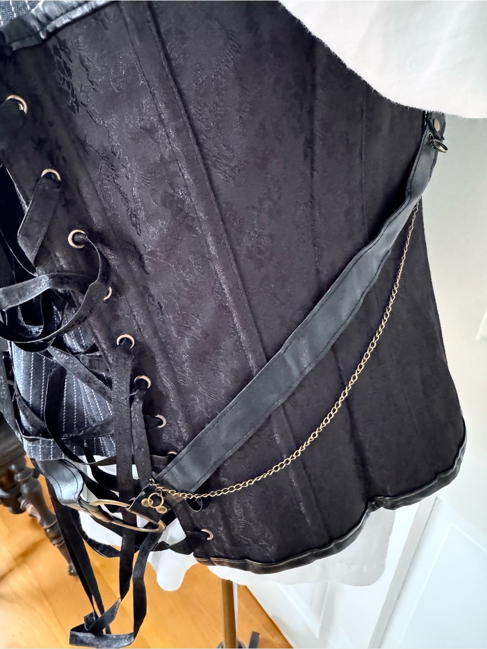 Steampunk Black Corset Embellished with Chains & Metal Clips - Picture 7 of 15